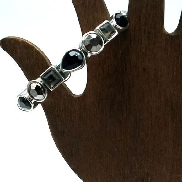 Black and Gray Crystal Stackable Silver-tone Bracelet Magnetic Clasp - Picture 4 of 11